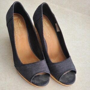 TOMS Women's Denim Peep Toe Wedge Heels Casual Versatile Office Career Size 8.5
